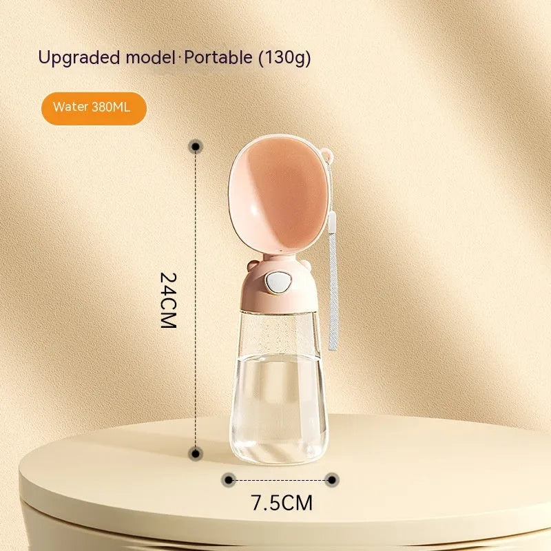 Portable dog water bottle with a folding bowl attached, shown in yellow, pink, and brown colours.