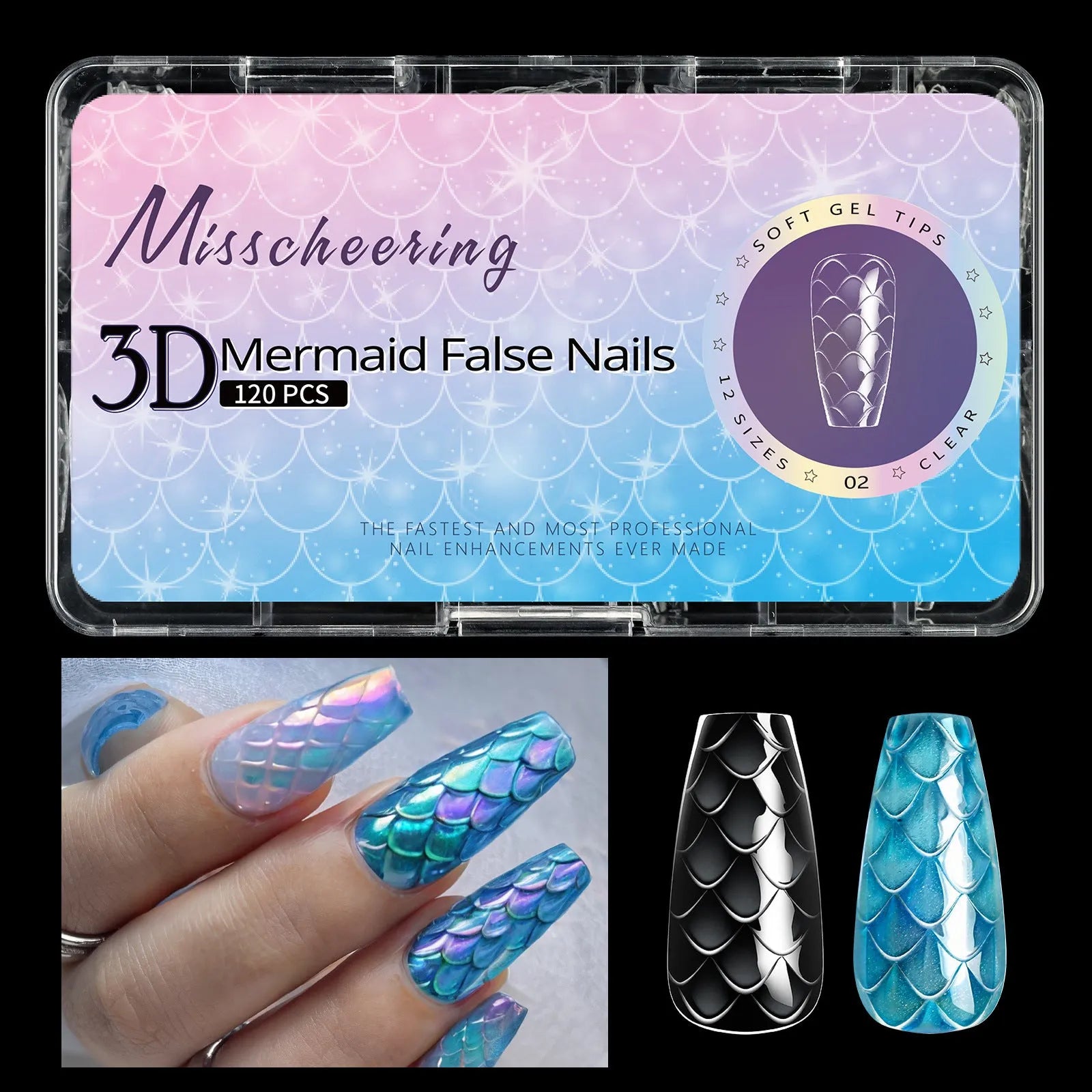 3D scale long shaping artificial nail tips with deep C-curve in Frigate Box colour options