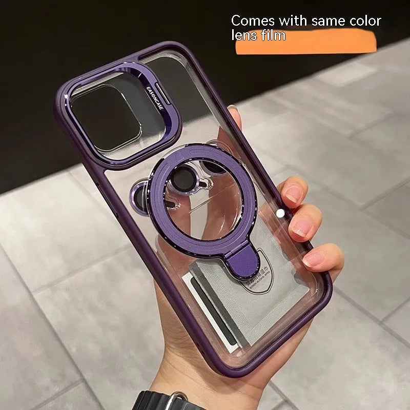 Black magnetic silicone phone case with lens cover bracket for iPhone showing invisible bracket propped up