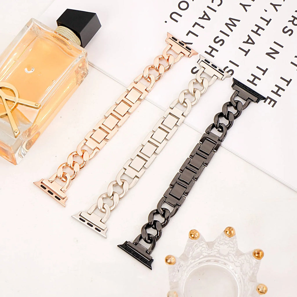 Metallic denim chain watch strap for Apple iPhone in silver, black, gold, rose gold, starlight colours