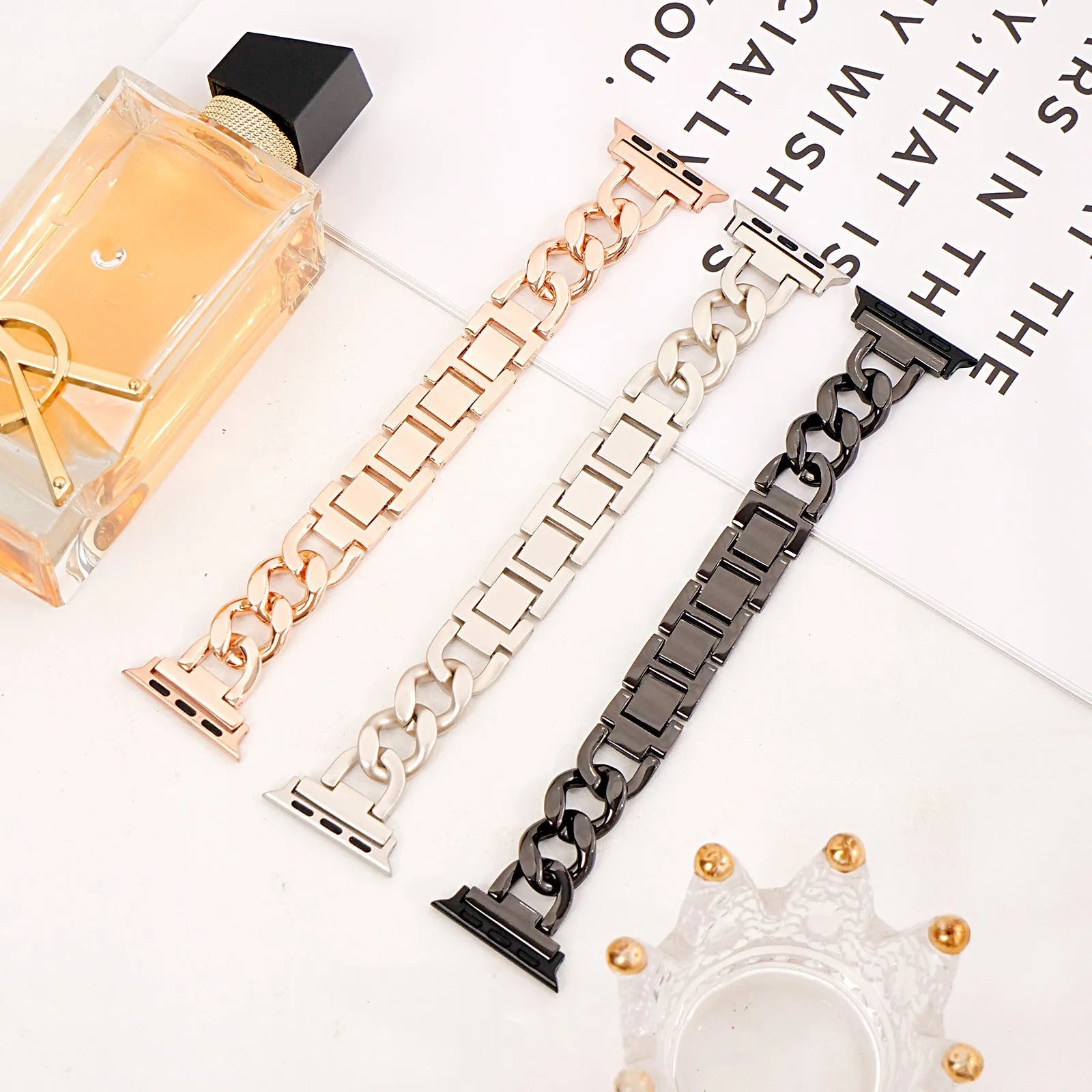 Metallic denim chain watch strap for Apple iPhone in silver, black, gold, rose gold, starlight colours