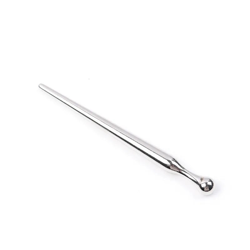 Silver metal urethral plug stick with round beads and horse eye shaped base