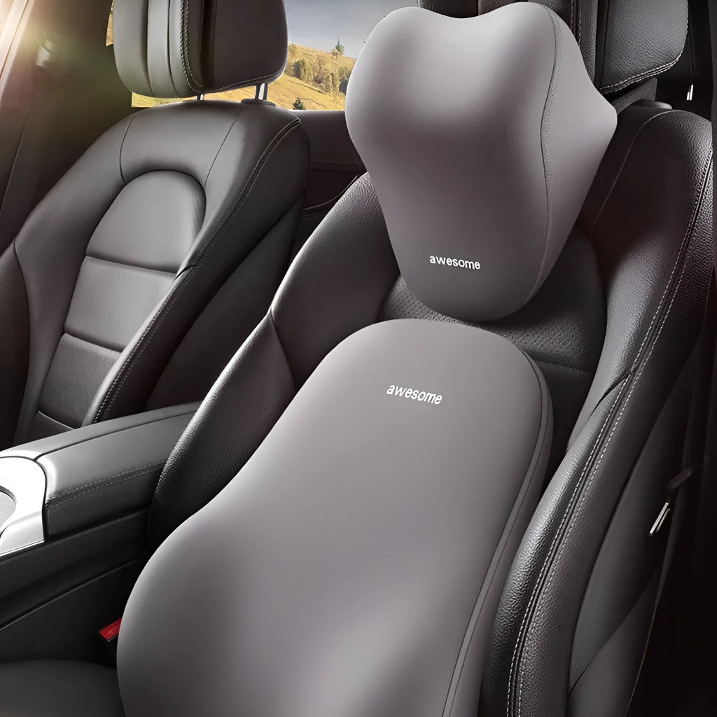 Car headrest pillow and lumbar support pillow set in beige, made from polyester fabric with memory foam filler.