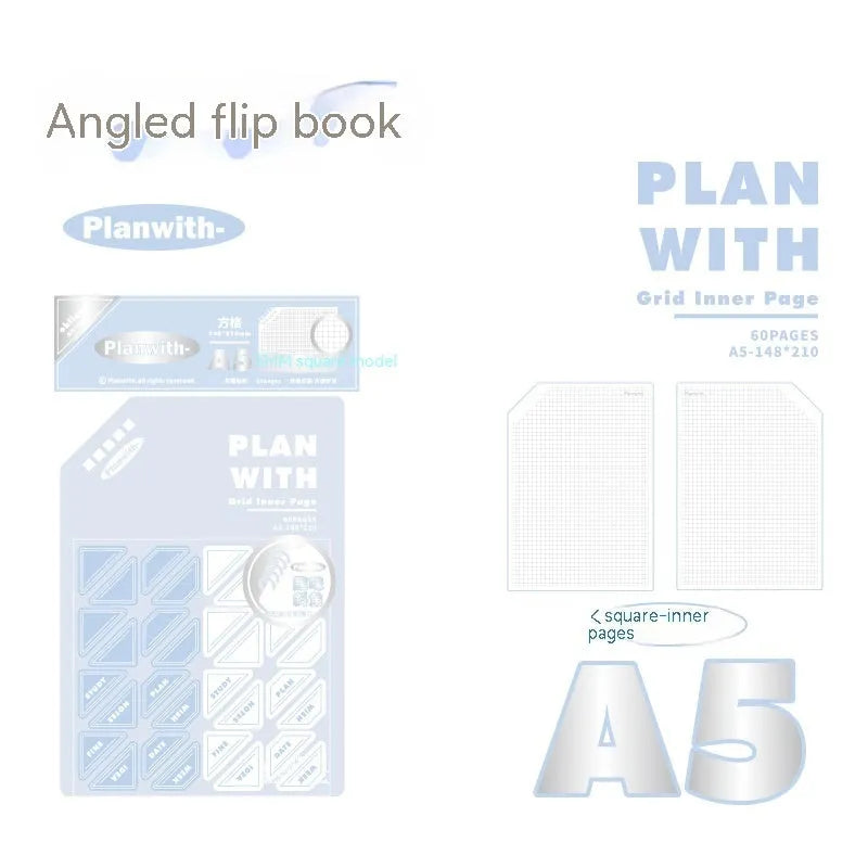 Oblique angle artsy ins style student draft notebook in A5 or B5 size with white or plaid blue cover.