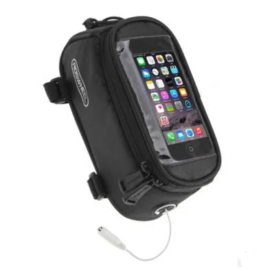 ROSWHEEL black PVC bicycle phone bag mounted on a bike frame, showing an iPhone inside.