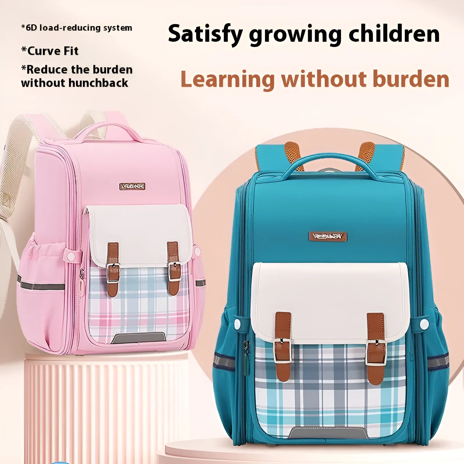 Large lightweight school backpack in Oxford cloth for year 5-6 pupils, shown in beige colour.