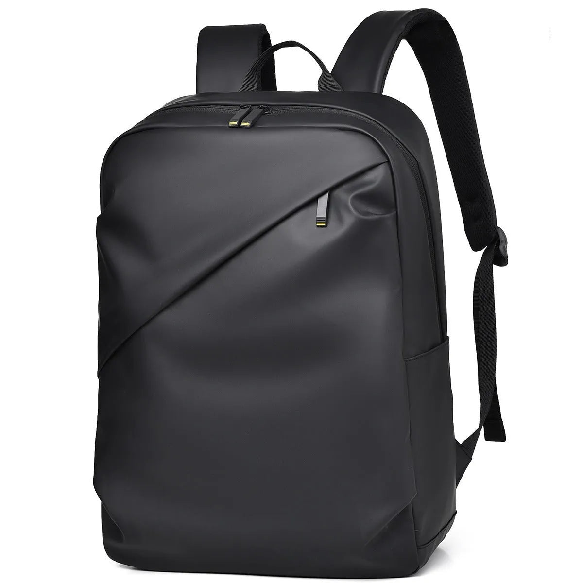 Large capacity waterproof PU leather backpack in black colour with sewing thread detailing