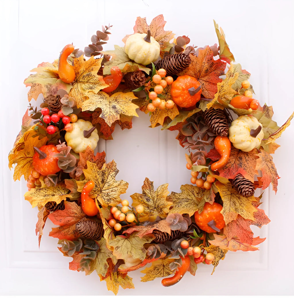 Autumn pumpkin wreath with fabric leaves simulation pumpkins berries pine cones on natural vine ring 50cm diameter