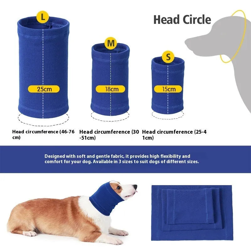 Blue and grey polyester dog comforter headband scarf shown in small, medium, and large sizes.