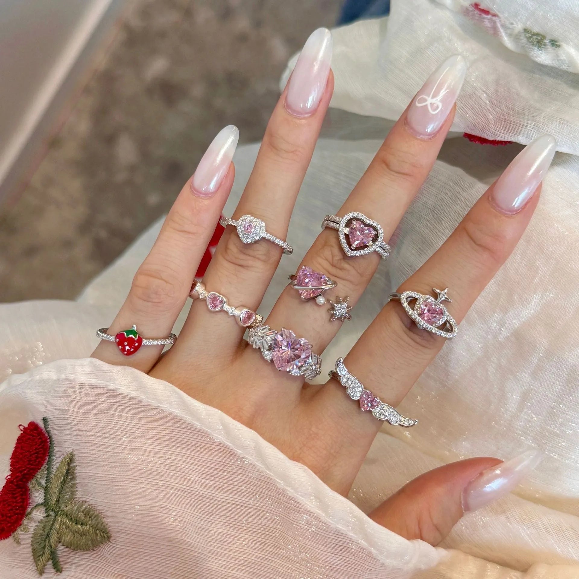 S925 sterling silver adjustable ring for women with epoxy strawberry heart and wing geometric design