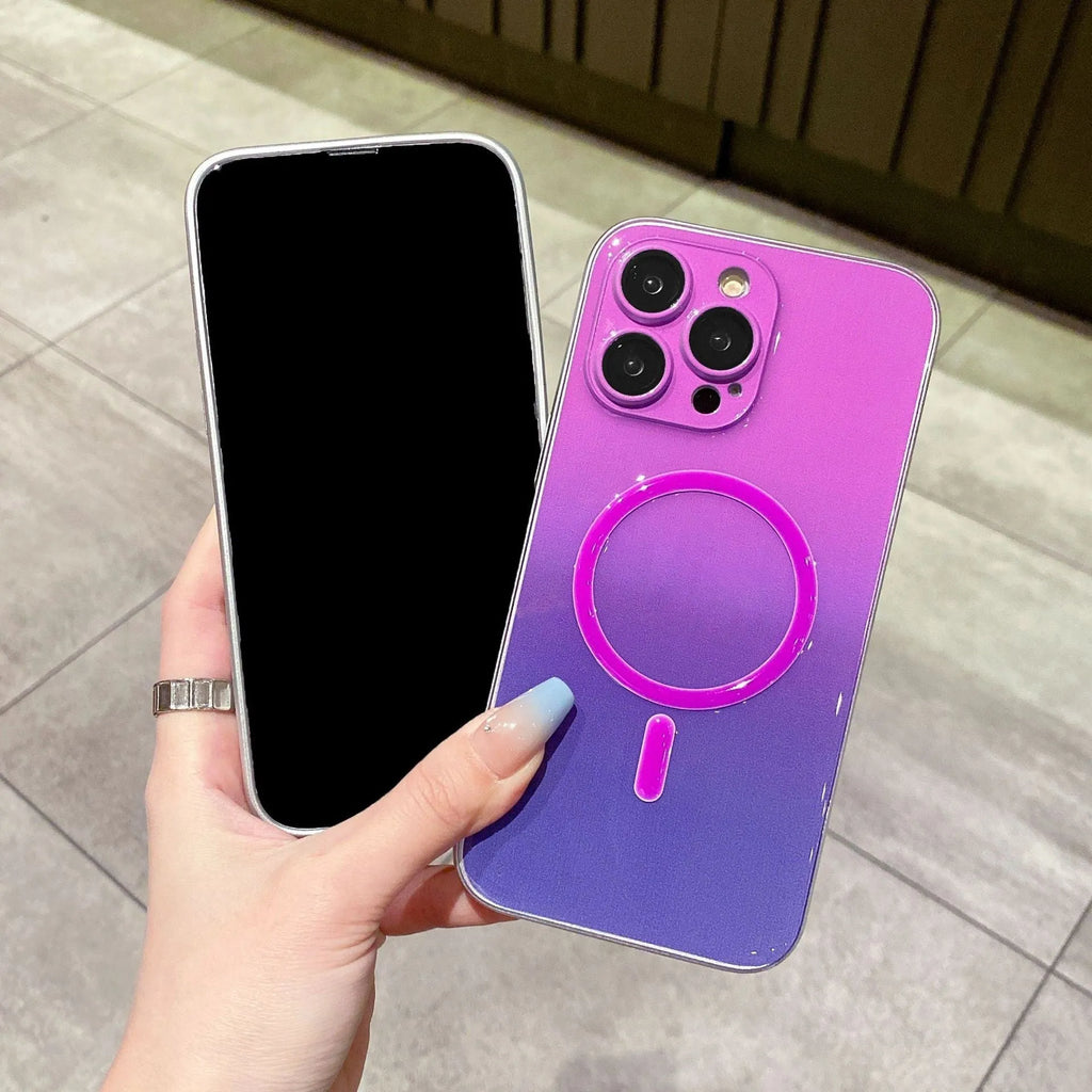 Luminous magnetic suction iPhone case in purple blue gradient, TPU PC, all-inclusive, for iPhone 11-14 Pro Max