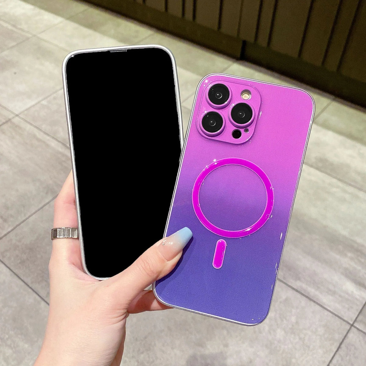Luminous magnetic suction iPhone case in purple blue gradient, TPU PC, all-inclusive, for iPhone 11-14 Pro Max