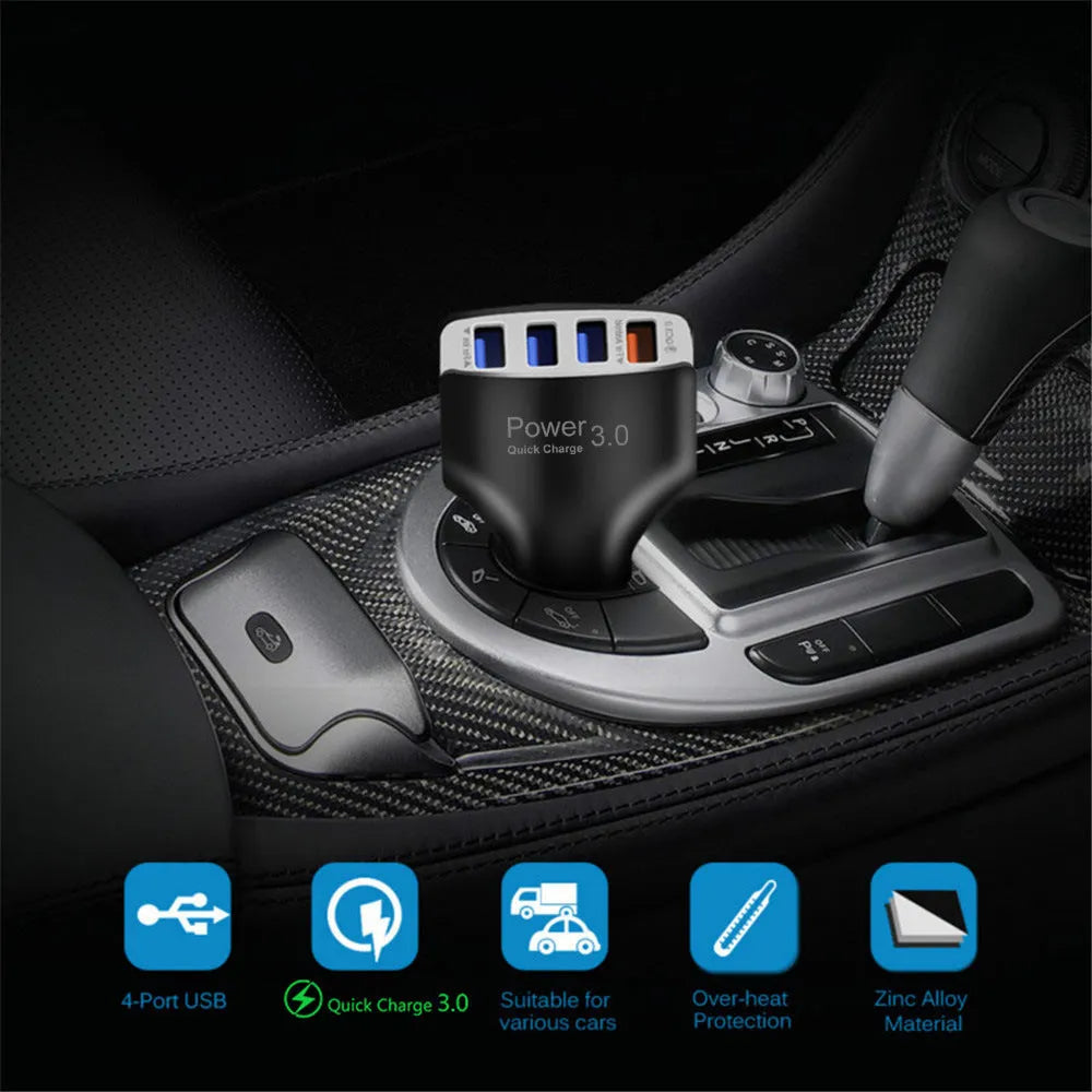 Car 4USB charger with PC fire-resistant material, black, showing four USB ports
