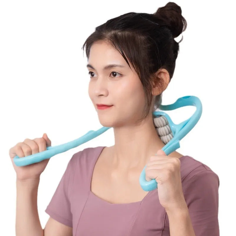 Blue six-wheel electric neck and shoulder massager with U-shaped plastic body on a white background.
