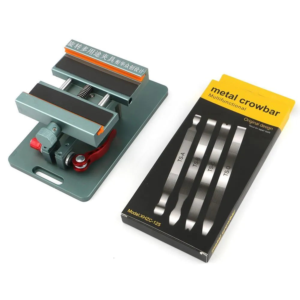Adjustable metal phone repair fixture with silicone grips and a included prying crowbar tool.