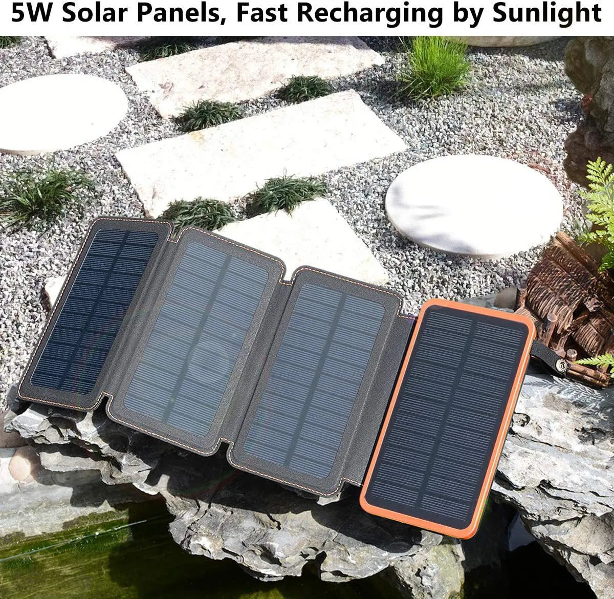 Black outdoor solar power bank with a solar panel, LED light, and soft leather texture, shown with a charging cable.