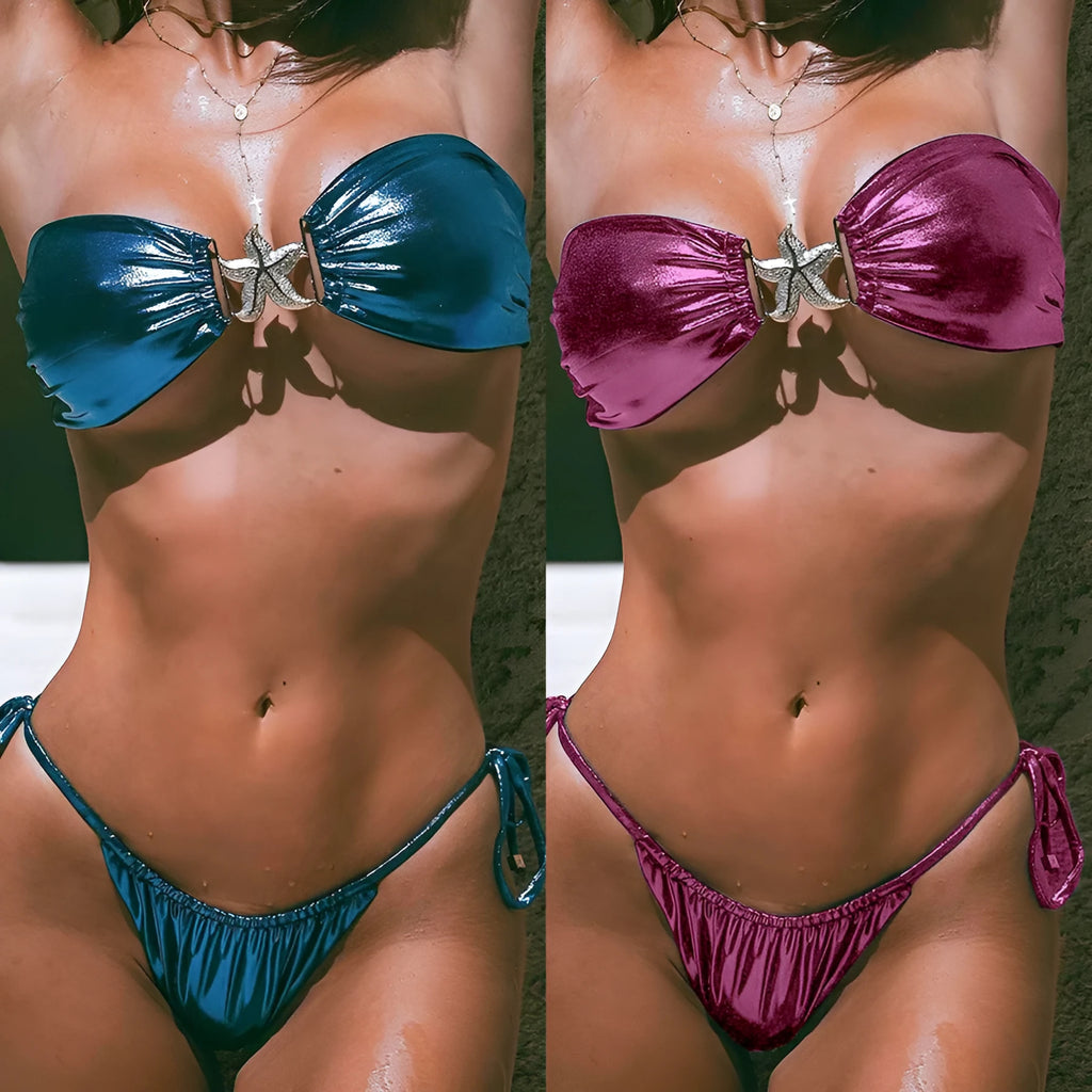 Women's glossy blue bikini set with gold starfish print, long sleeve tube top and split briefs.
