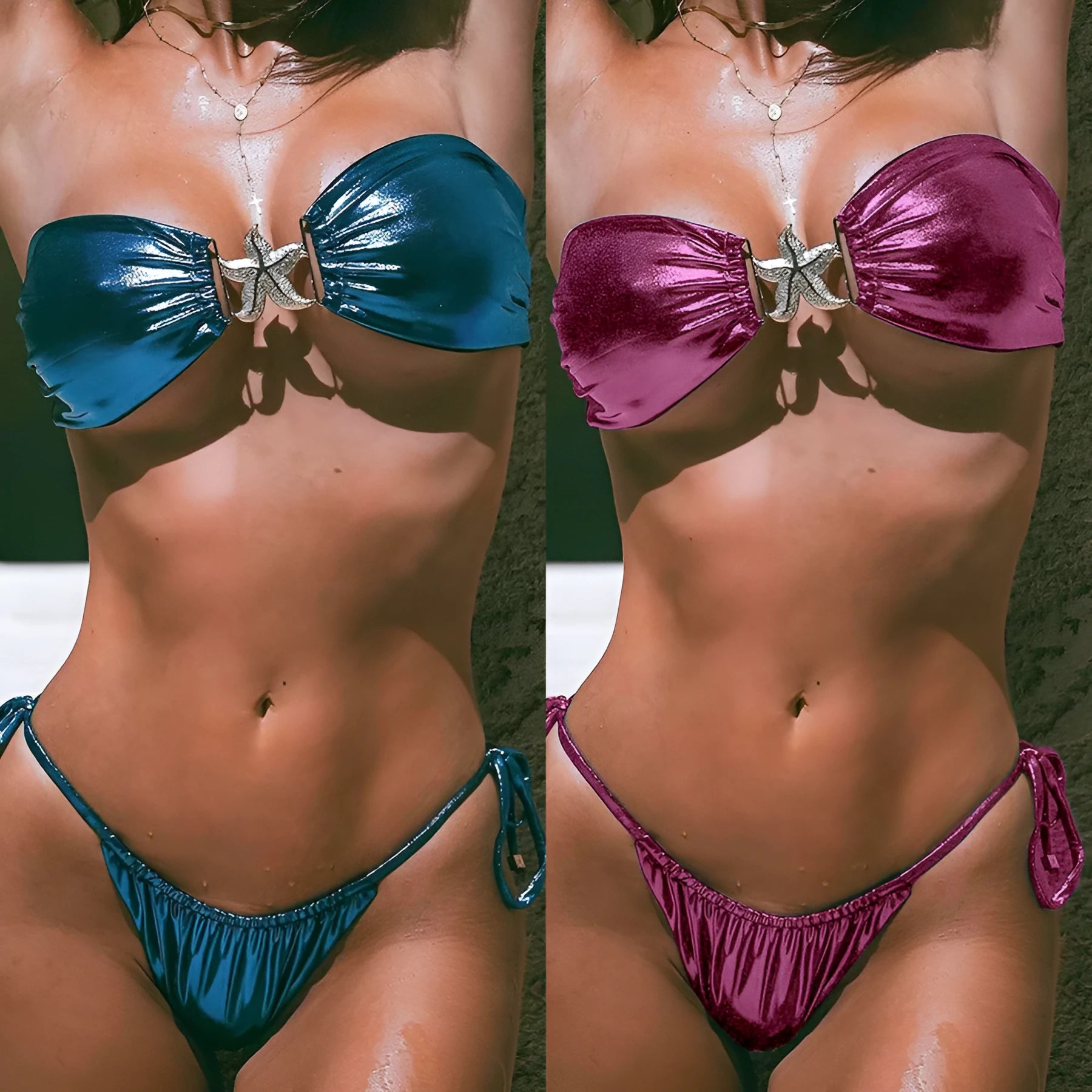 Women's glossy blue bikini set with gold starfish print, long sleeve tube top and split briefs.