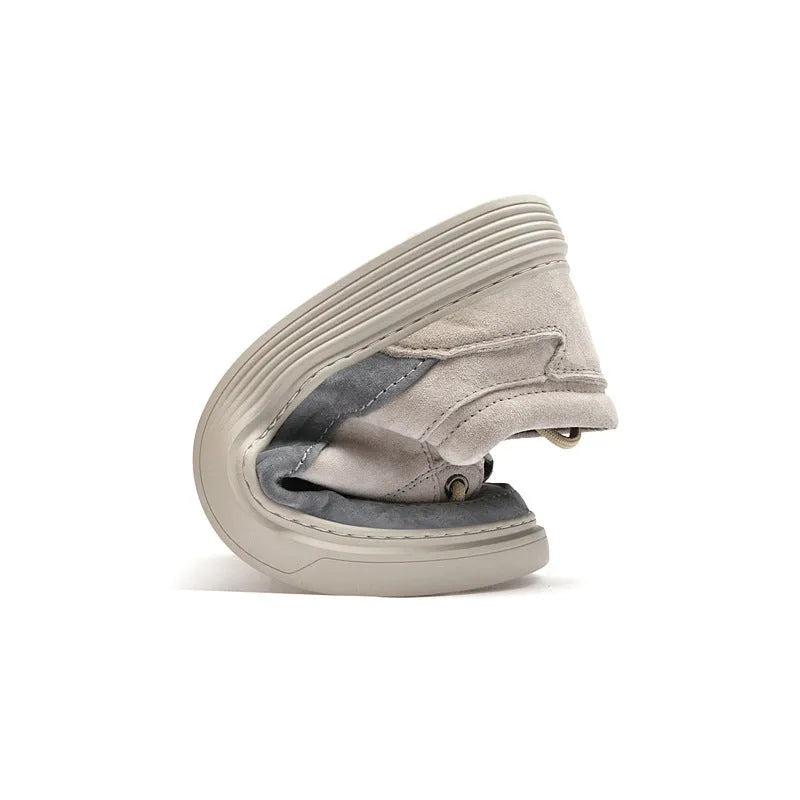 Men's grey and sand casual leather skate shoes with a round toe and rubber sole.