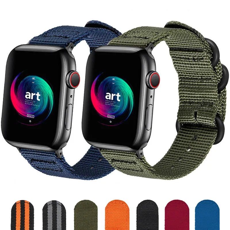Nylon braided watch strap for Apple Watch 3-6 in army green, black, red, blue and other colours, 38/40mm and 42/44mm sizes