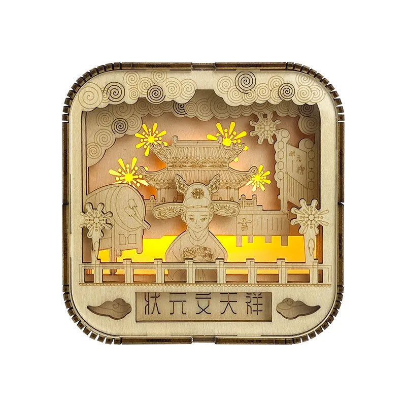 Wood carving lamp with geometric stereo design, wentianxiang pattern, 90x90x50mm, battery-powered night light
