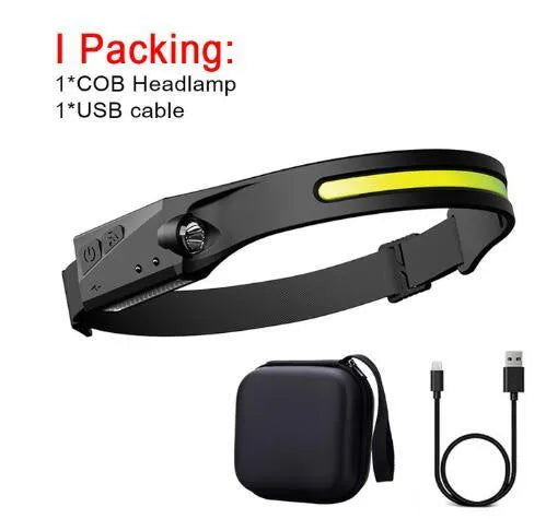 Black USB rechargeable headlamp with a wide COB LED lens and a side wave sensor on the headband.
