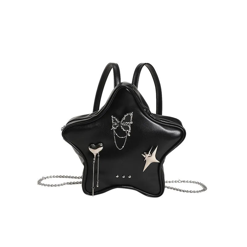 Soft black PU women's mini messenger bag worn as a backpack on a model.