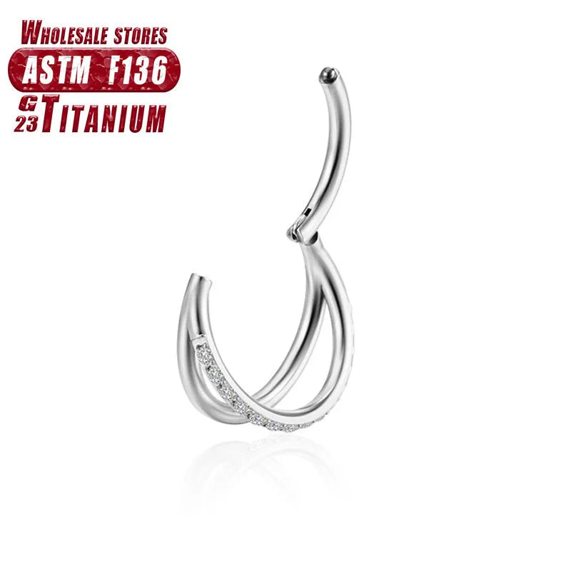 F136 titanium alloy fork nose ring body jewellery in silver, shown next to size options.