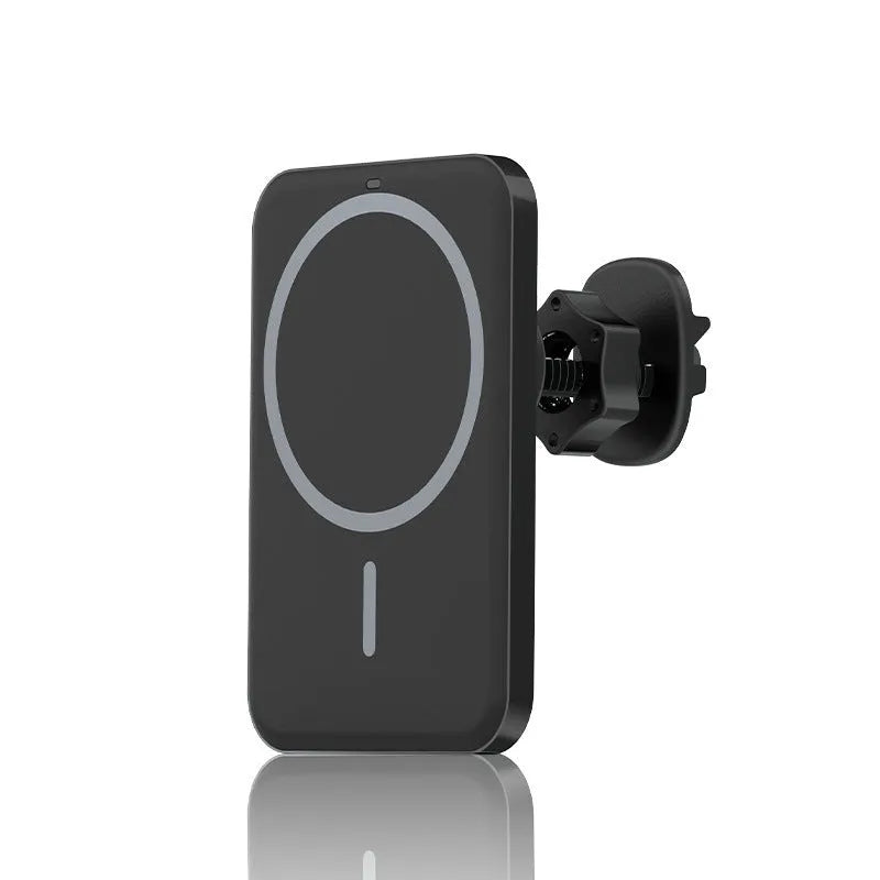Black car magnetic wireless charger bracket mounted on car air vent with phone attached