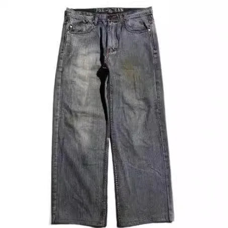 Men's grey washed-out wide-leg denim jeans with a straight leg and mid-waist design