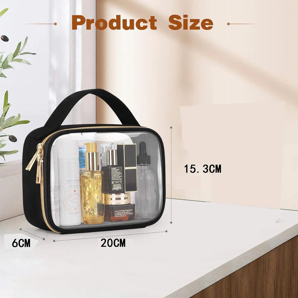 Clear PVC lipstick storage wash bag with detachable chain, shown in multiple colour options.