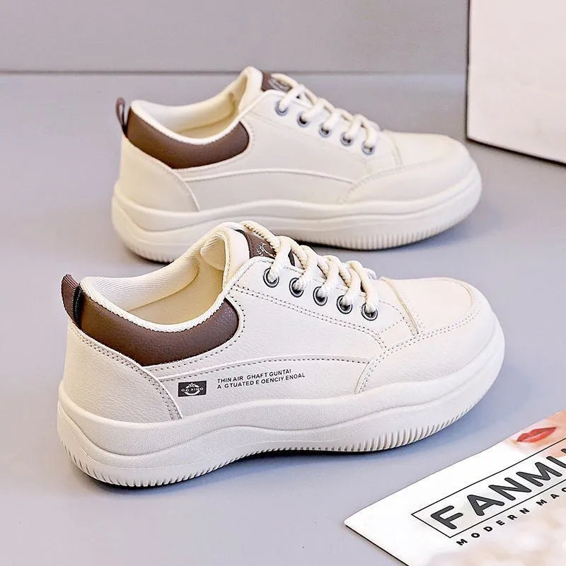 Women's Korean-style white leather shoes with cross straps and round toe