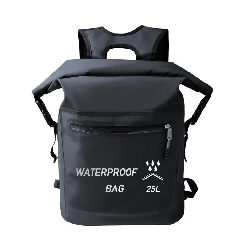 Black 25 litre waterproof backpack for outdoor swimming and rafting
