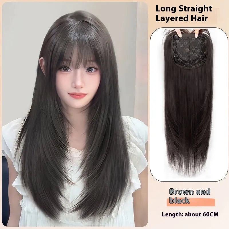 Full-head long straight layered wig in synthetic fibre with wear-free hair net