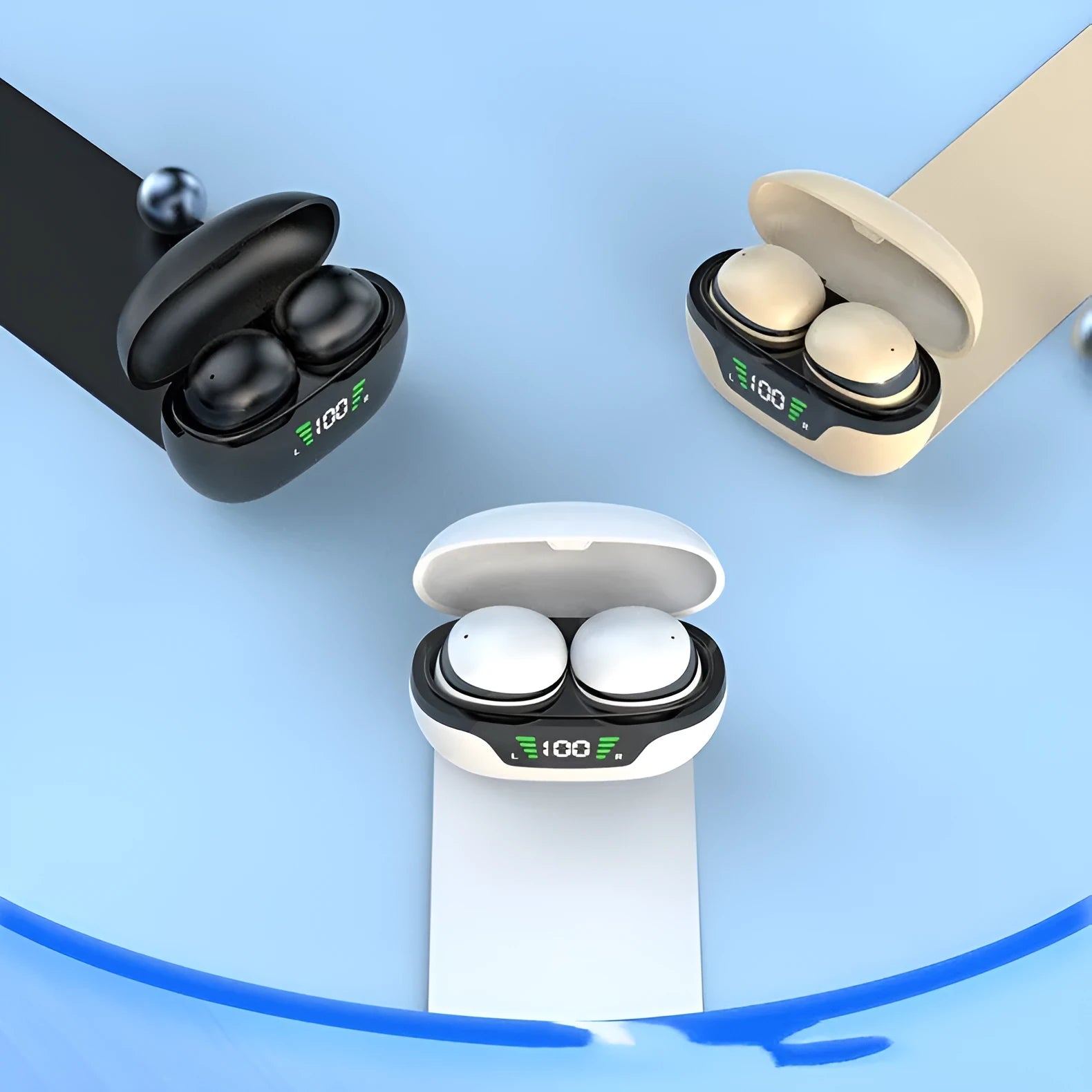 Black wireless Bluetooth Super Mini in-ear headphones with digital display screen