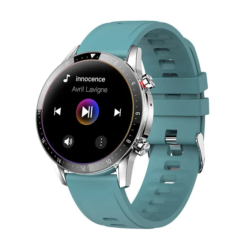 Bluetooth smart watch with a 1.3-inch screen on a wrist, showing call and music player functions.