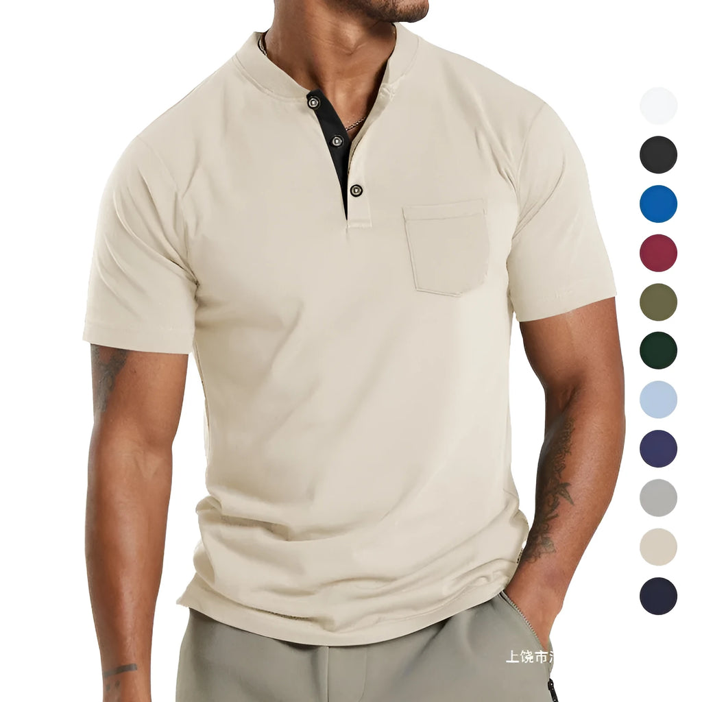 Men's short sleeve casual shirt with button pocket in multiple solid colours