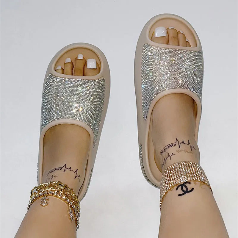 Apricot and black rhinestone peep-toe slippers for women with thick EVA sole and cloth lining, sizes 37 to 42