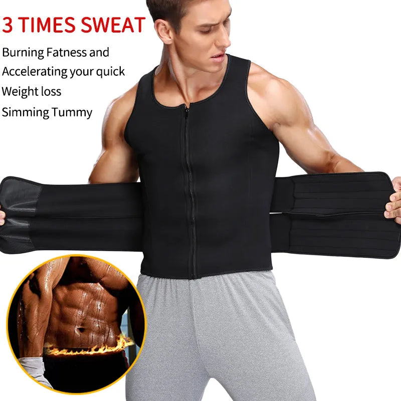 Men's double-belt waist trainer vest in black neoprene, front view, showing adjustable belts