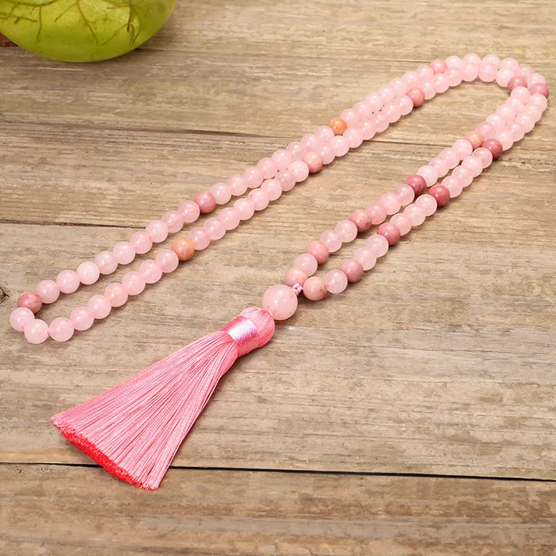 Stone bead string necklace bracelet set with tassel fringe detailing and adjustable length