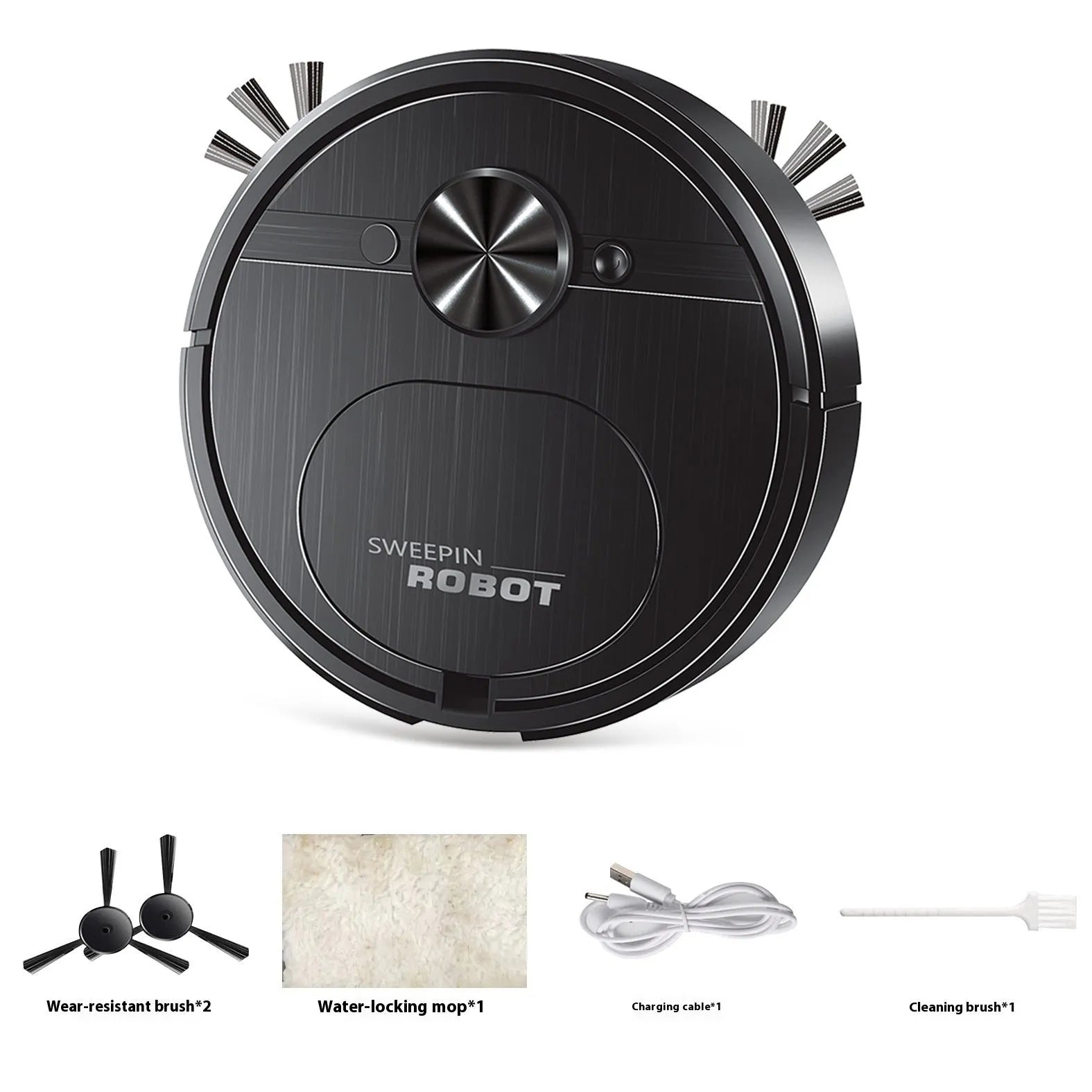 Black or white three-in-one robotic vacuum cleaner with mopping function and USB charging cable