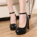 Women's chunky heel high heels in black and milky white showing round toe shape and rubber sole