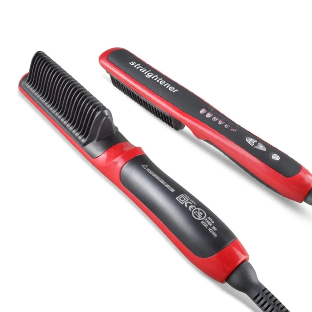 Black and red ceramic hair straightening brush with heated teeth and LED display on white background