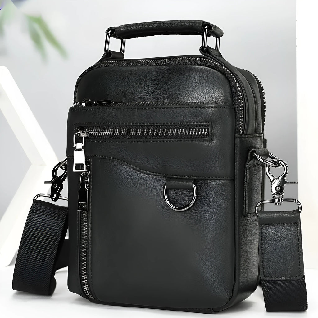 Men's black genuine leather single crossbody messenger bag with stitching detail for business travel