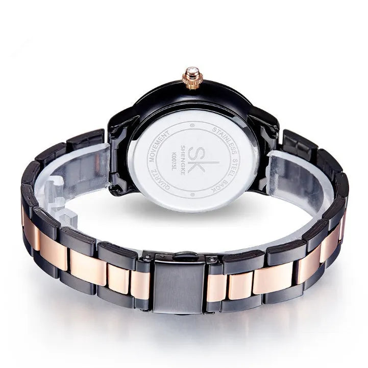Shengke women's quartz bracelet watch 36mm round stainless steel case crystal dial black pink