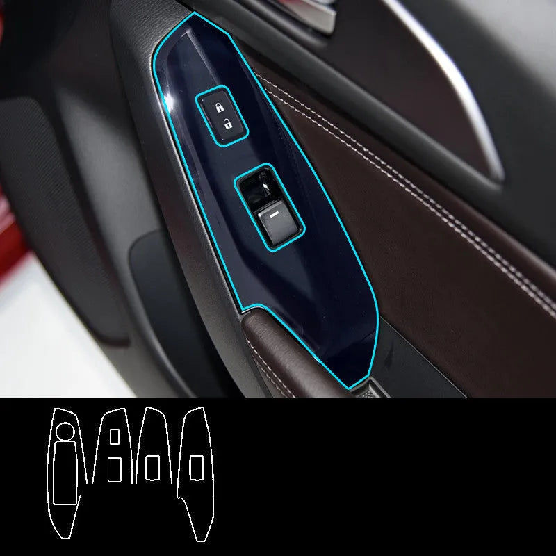 Set of four TPU protective films for 14-19 car door control panels in various finishes.