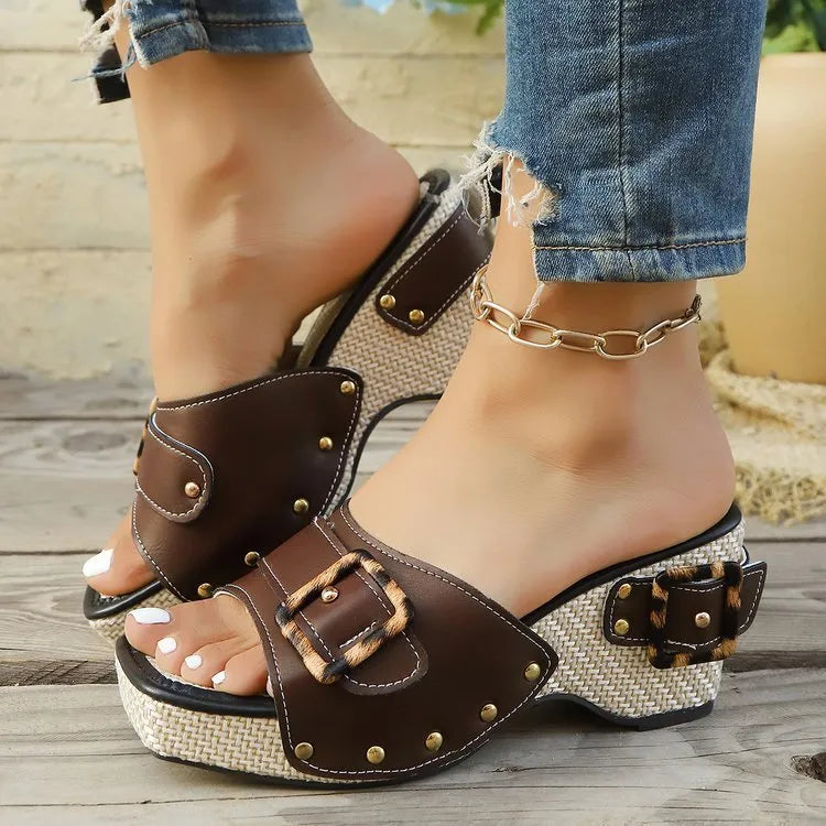 Plus size platform wedge sandals with square toe, rivet detail, PU upper and rubber sole, black or white