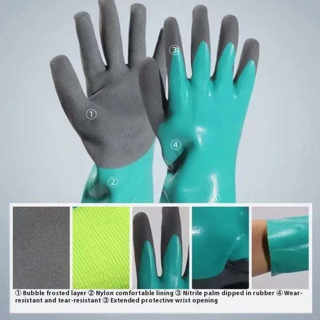 Navy blue nitrile fishing gloves with extended cuff, shown on hands holding a fish.
