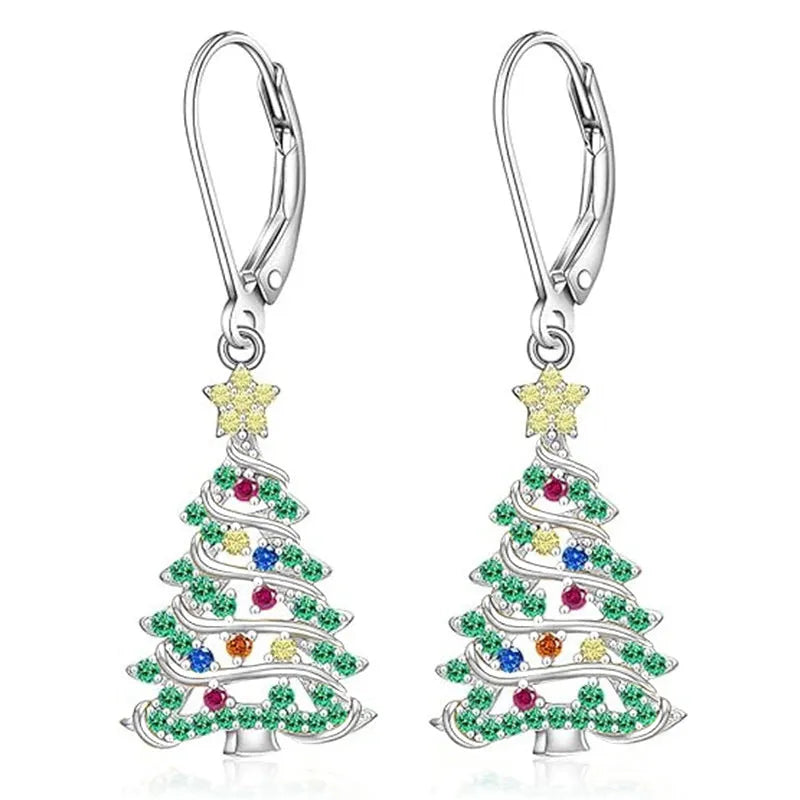 White gold coloured Christmas tree earrings for women with star accents on copper pendant