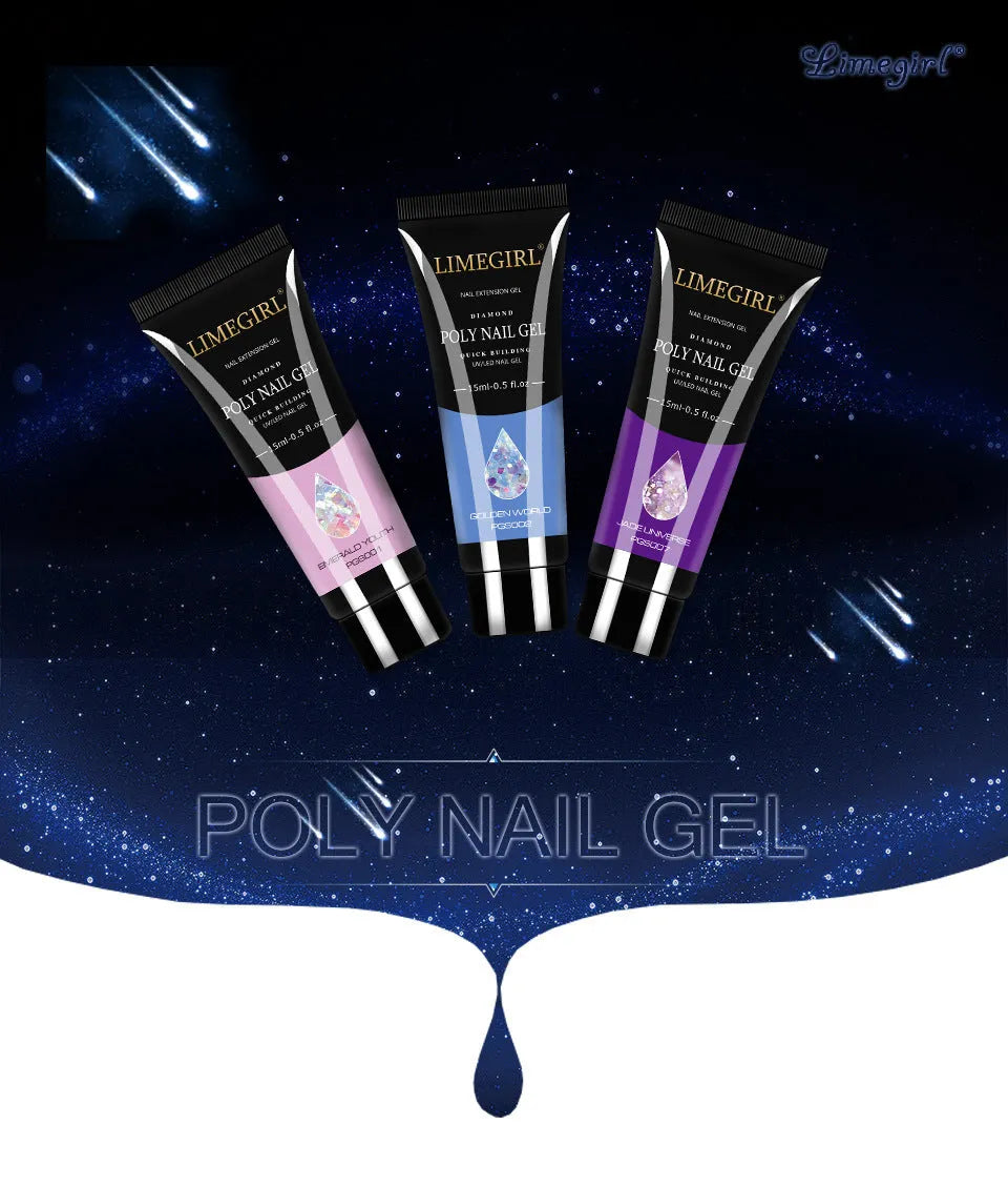 Twelve pots of glitter extension gel in colours 001 through 012, each 15ml, on a white background